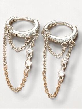 New! Silver Chain Huggie Hoop Earrings w Bezel Cubic Zirconia (2005e12)